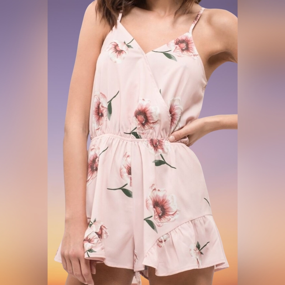 LYDELLE - Boho Romper V Neck Sleeveless Coral Floral Print